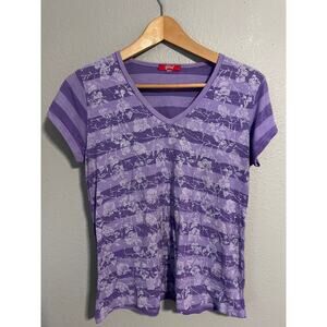 Glima Shirt Womens Small Purple Striped Floral Lightweight Tee Casual Artsy Y2K
